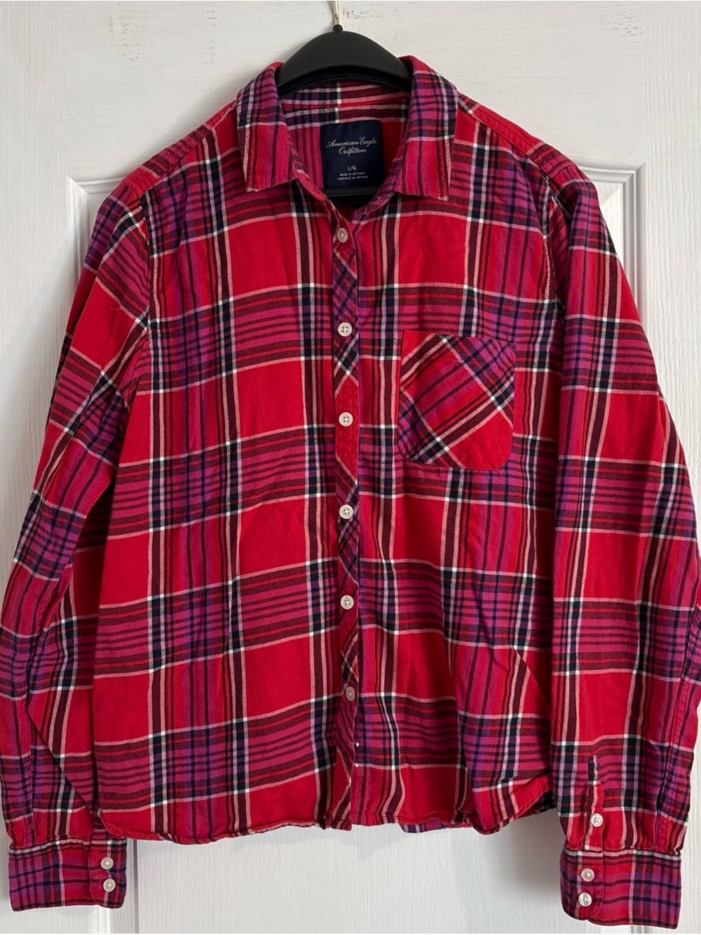 American Eagle Outfitters Red and Pink Plaid Flannel Shirt